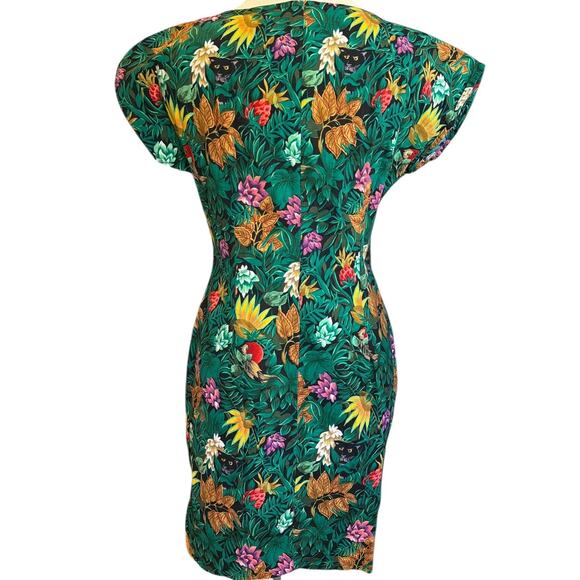 TRUE Vintage Handmade Button Front Sheath Dress Sz XS Jungle Jaguar Floral Birds - Picture 3 of 6